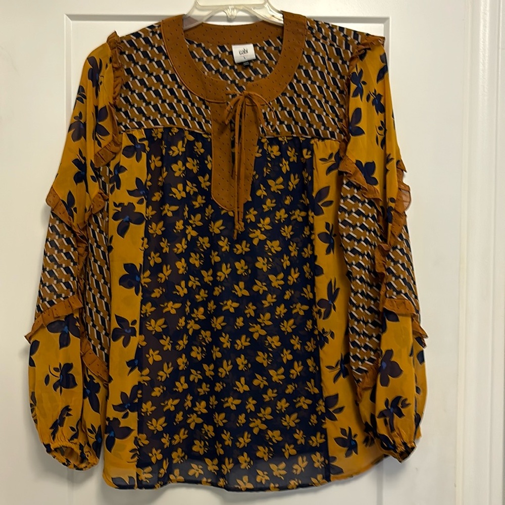 CAbi long sleeve blouse in gold and navy. Fun details.